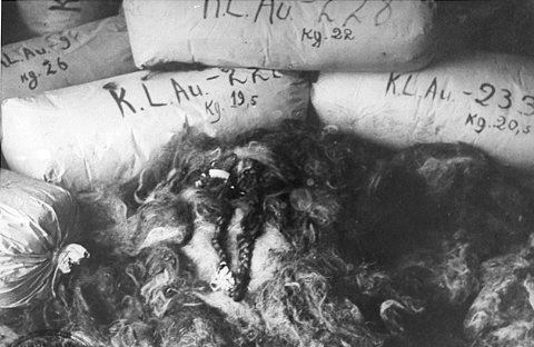 Bags of women's hair at the concentration camp at Auschwitz - Photo Credit, Polish National Archives